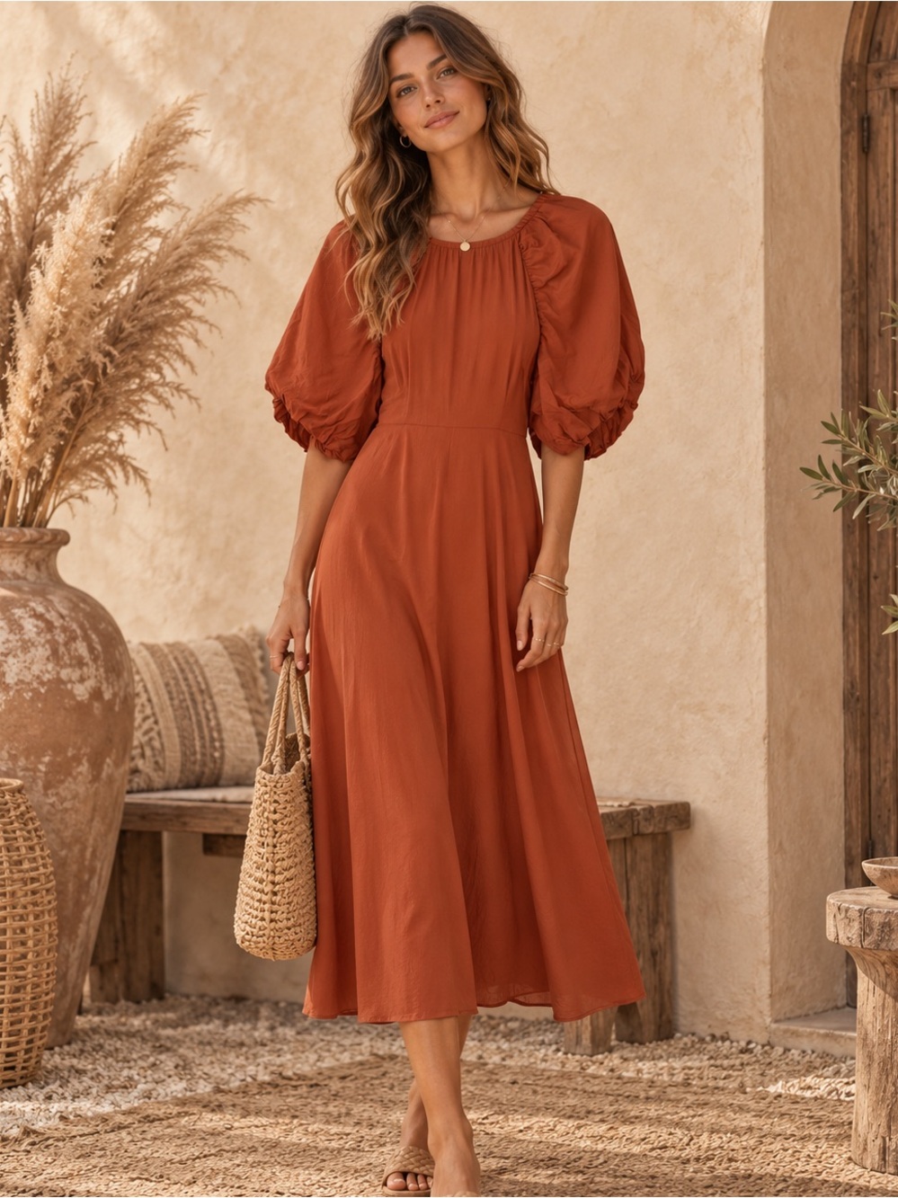 A New Day Rust Milkmaid Pocketed Midi Dress